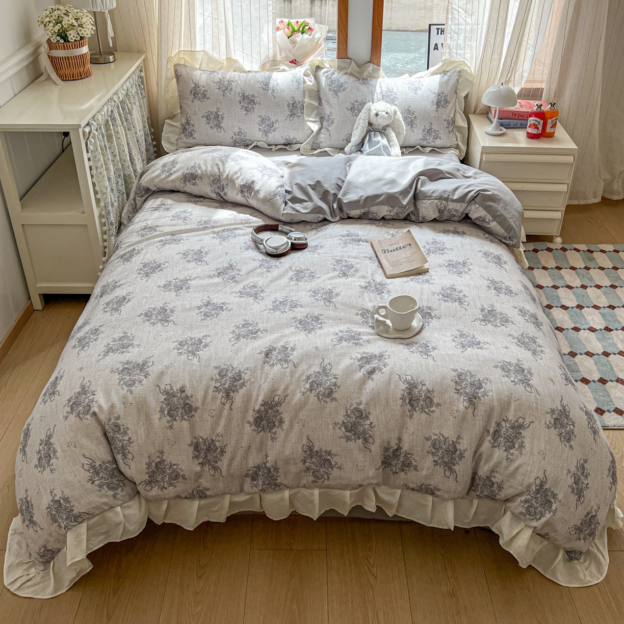 91家纺网 家纺一手货源 找家纺 耀悦家纺 2026新款全棉纯棉双层纱花边四件套a类新中式小清新床笠枕套被套 芸梦花笺