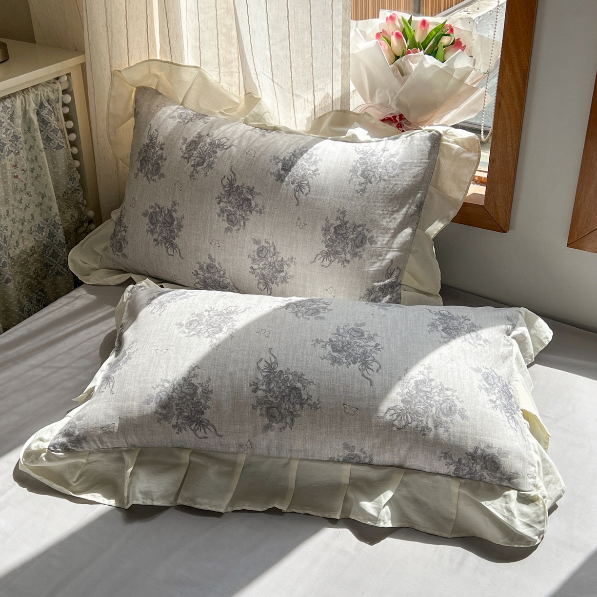 91家纺网 家纺一手货源 找家纺 耀悦家纺 2026新款全棉纯棉双层纱花边四件套a类新中式小清新床笠枕套被套 芸梦花笺