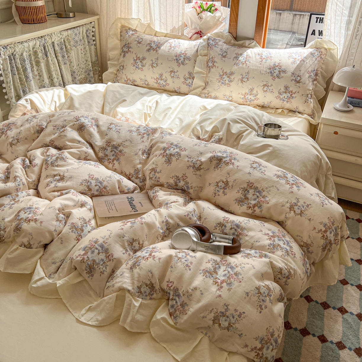 91家纺网 家纺一手货源 找家纺 耀悦家纺 2026新款全棉纯棉双层纱花边四件套a类新中式小清新床笠枕套被套 春日织梦