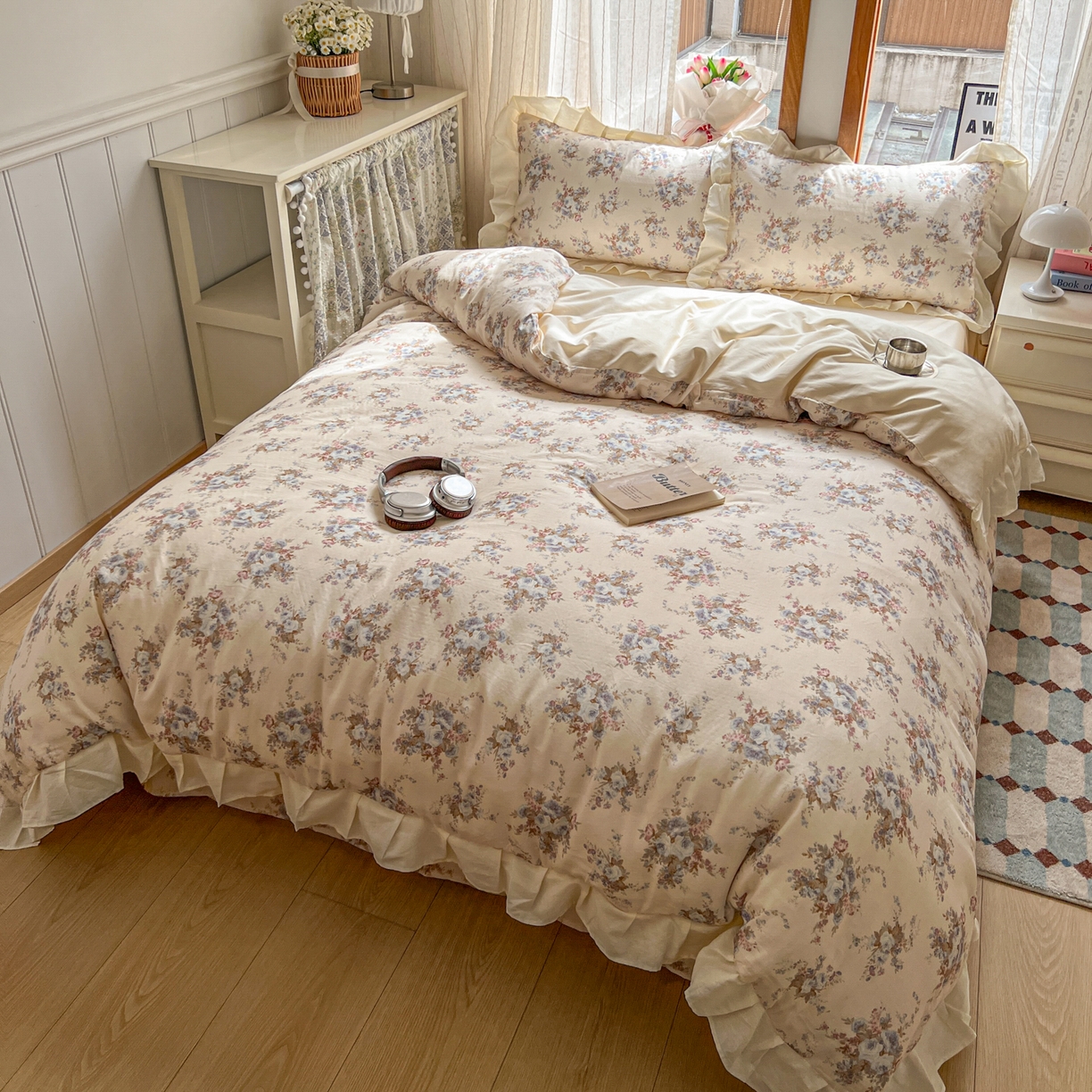 91家纺网 家纺一手货源 找家纺 耀悦家纺 2026新款全棉纯棉双层纱花边四件套a类新中式小清新床笠枕套被套 春日织梦