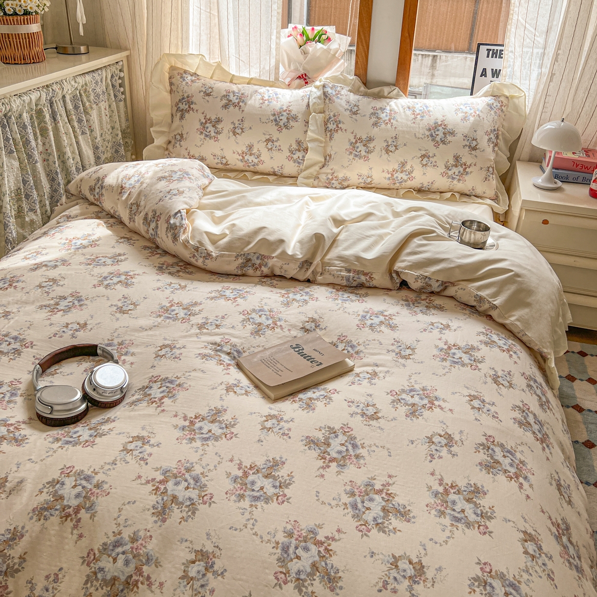 91家纺网 家纺一手货源 找家纺 耀悦家纺 2026新款全棉纯棉双层纱花边四件套a类新中式小清新床笠枕套被套 春日织梦