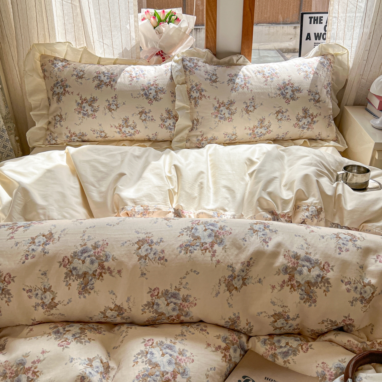 91家纺网 家纺一手货源 找家纺 耀悦家纺 2026新款全棉纯棉双层纱花边四件套a类新中式小清新床笠枕套被套 春日织梦