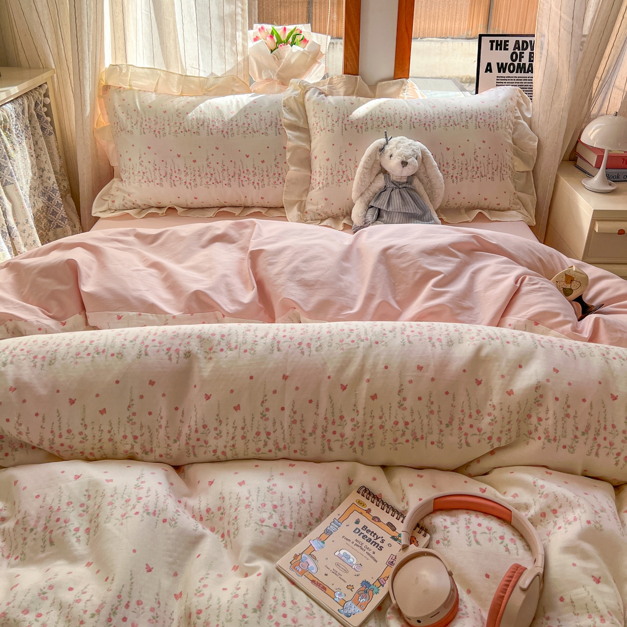 91家纺网 家纺一手货源 找家纺 耀悦家纺 2026新款全棉纯棉双层纱花边四件套a类新中式小清新床笠枕套被套 粉樱漫野