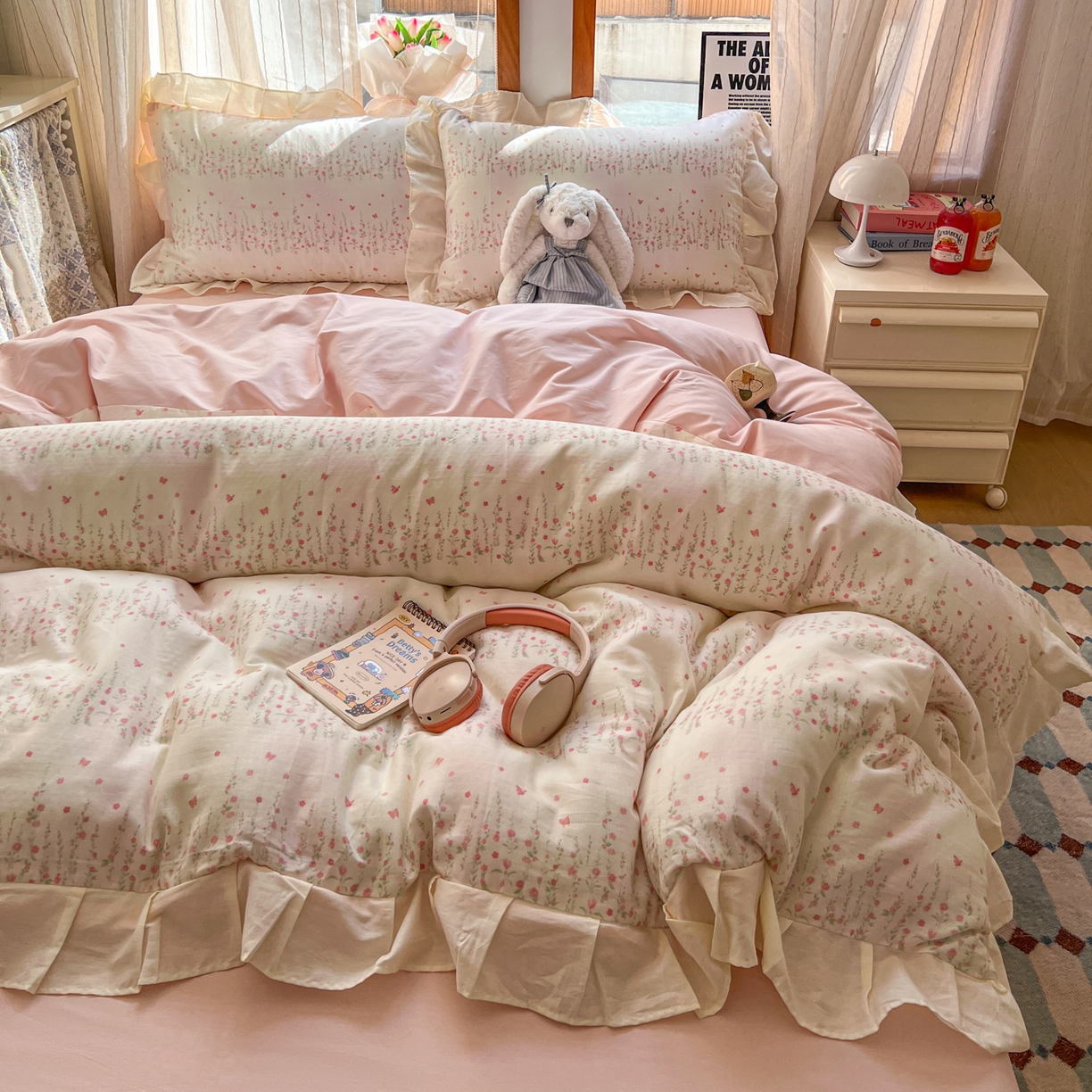 91家纺网 家纺一手货源 找家纺 耀悦家纺 2026新款全棉纯棉双层纱花边四件套a类新中式小清新床笠枕套被套 粉樱漫野