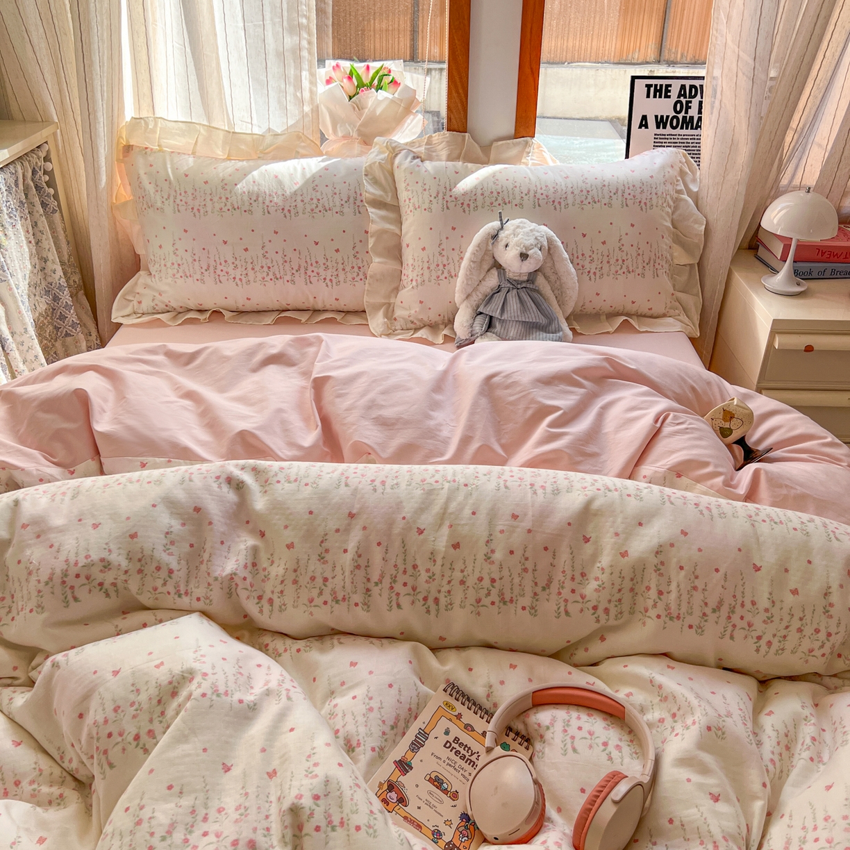 91家纺网 家纺一手货源 找家纺 耀悦家纺 2026新款全棉纯棉双层纱花边四件套a类新中式小清新床笠枕套被套 粉樱漫野