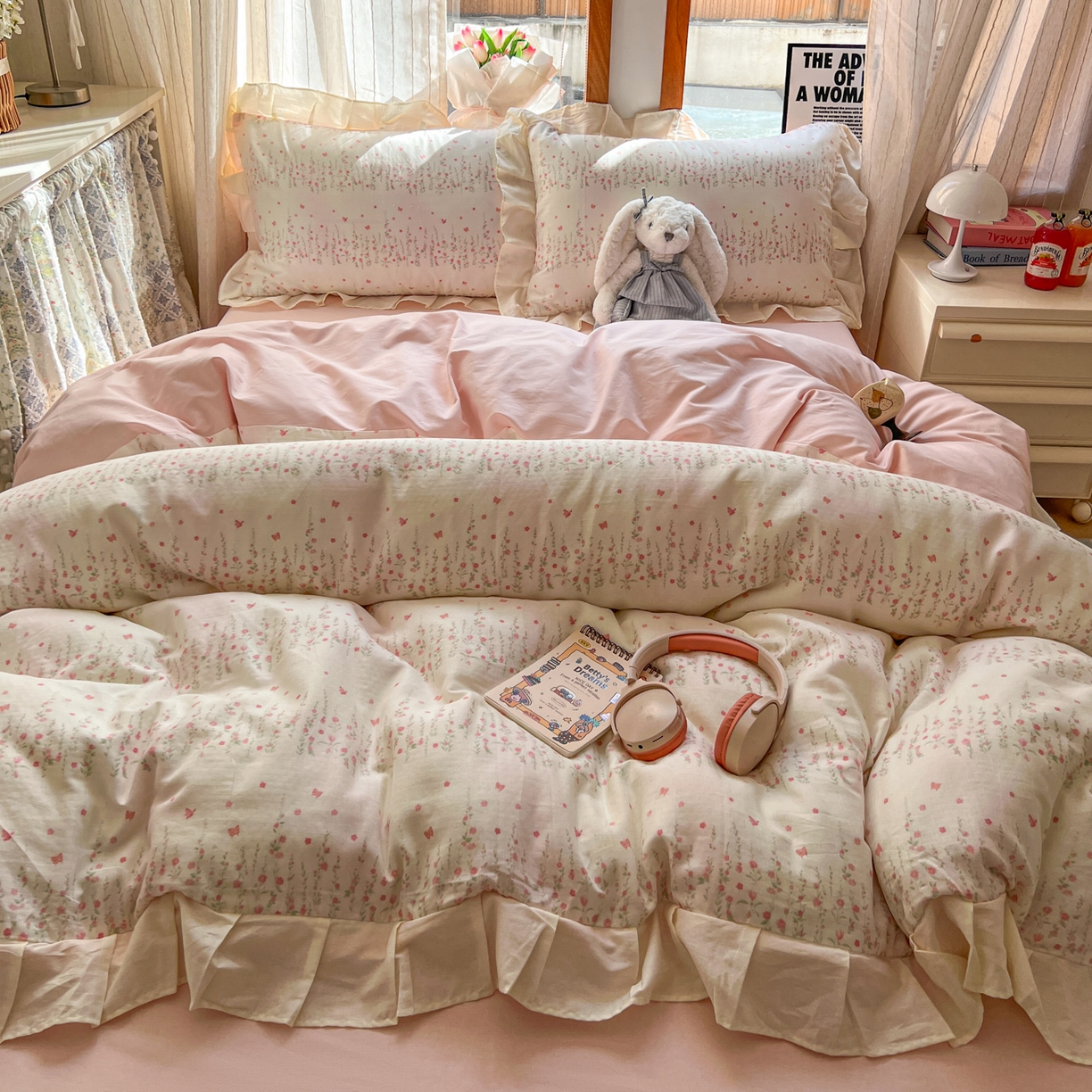 91家纺网 家纺一手货源 找家纺 耀悦家纺 2026新款全棉纯棉双层纱花边四件套a类新中式小清新床笠枕套被套 粉樱漫野