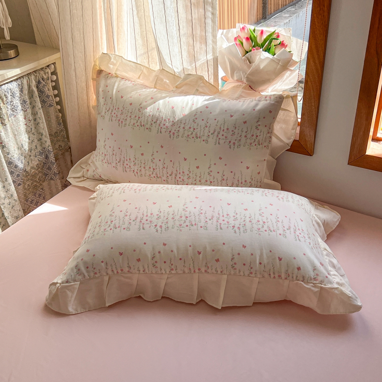 91家纺网 家纺一手货源 找家纺 耀悦家纺 2026新款全棉纯棉双层纱花边四件套a类新中式小清新床笠枕套被套 粉樱漫野