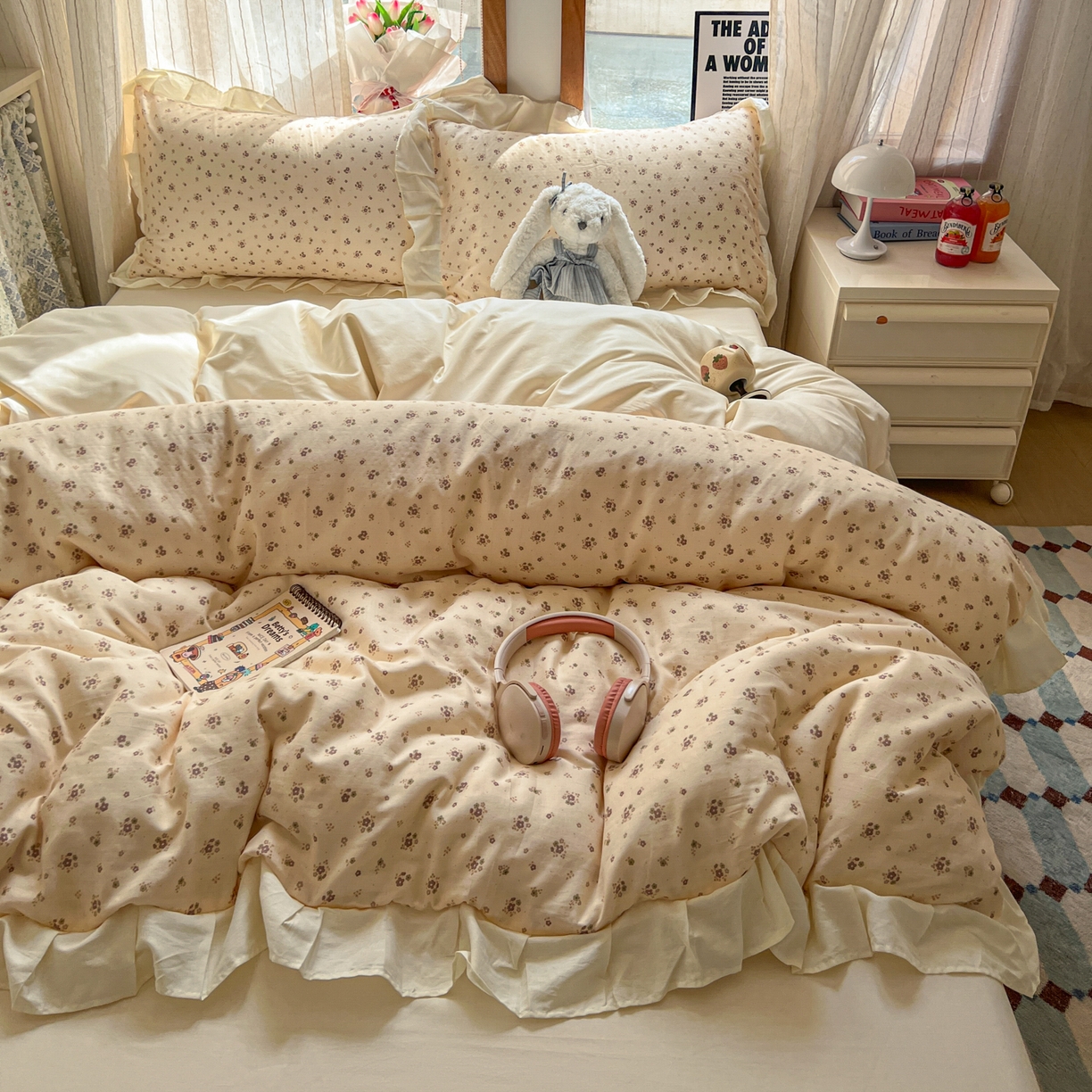 91家纺网 家纺一手货源 找家纺 耀悦家纺 2026新款全棉纯棉双层纱花边四件套a类新中式小清新床笠枕套被套 暖棠花信