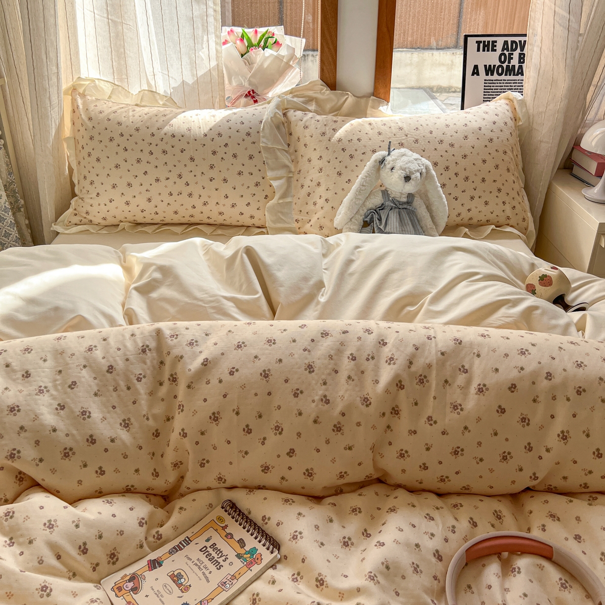 91家纺网 家纺一手货源 找家纺 耀悦家纺 2026新款全棉纯棉双层纱花边四件套a类新中式小清新床笠枕套被套 暖棠花信