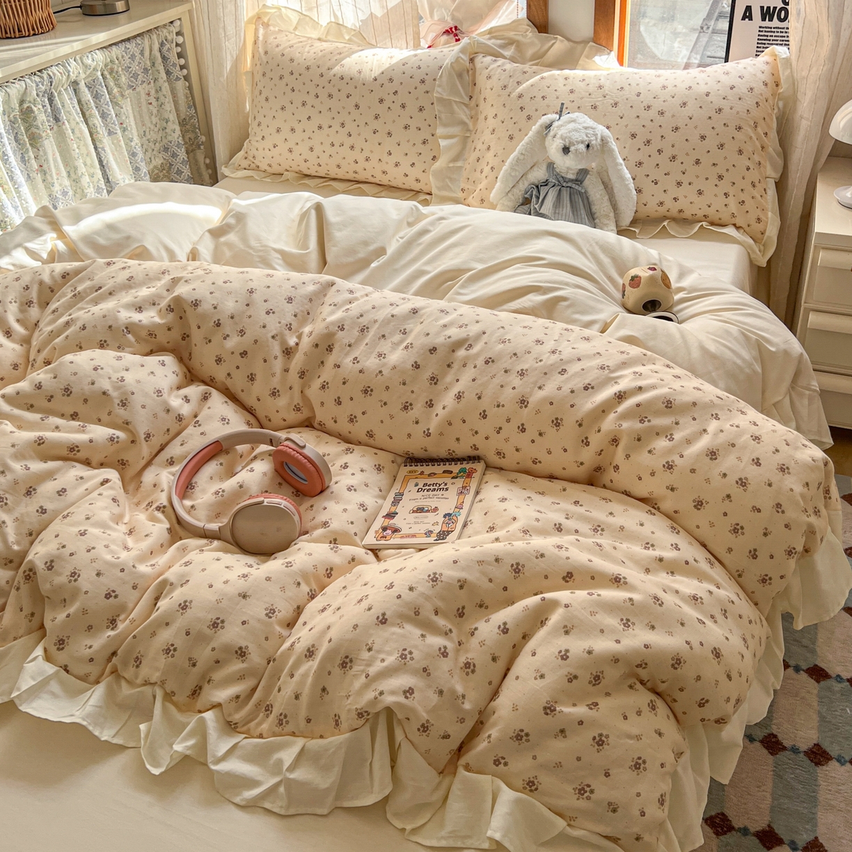 91家纺网 家纺一手货源 找家纺 耀悦家纺 2026新款全棉纯棉双层纱花边四件套a类新中式小清新床笠枕套被套 暖棠花信