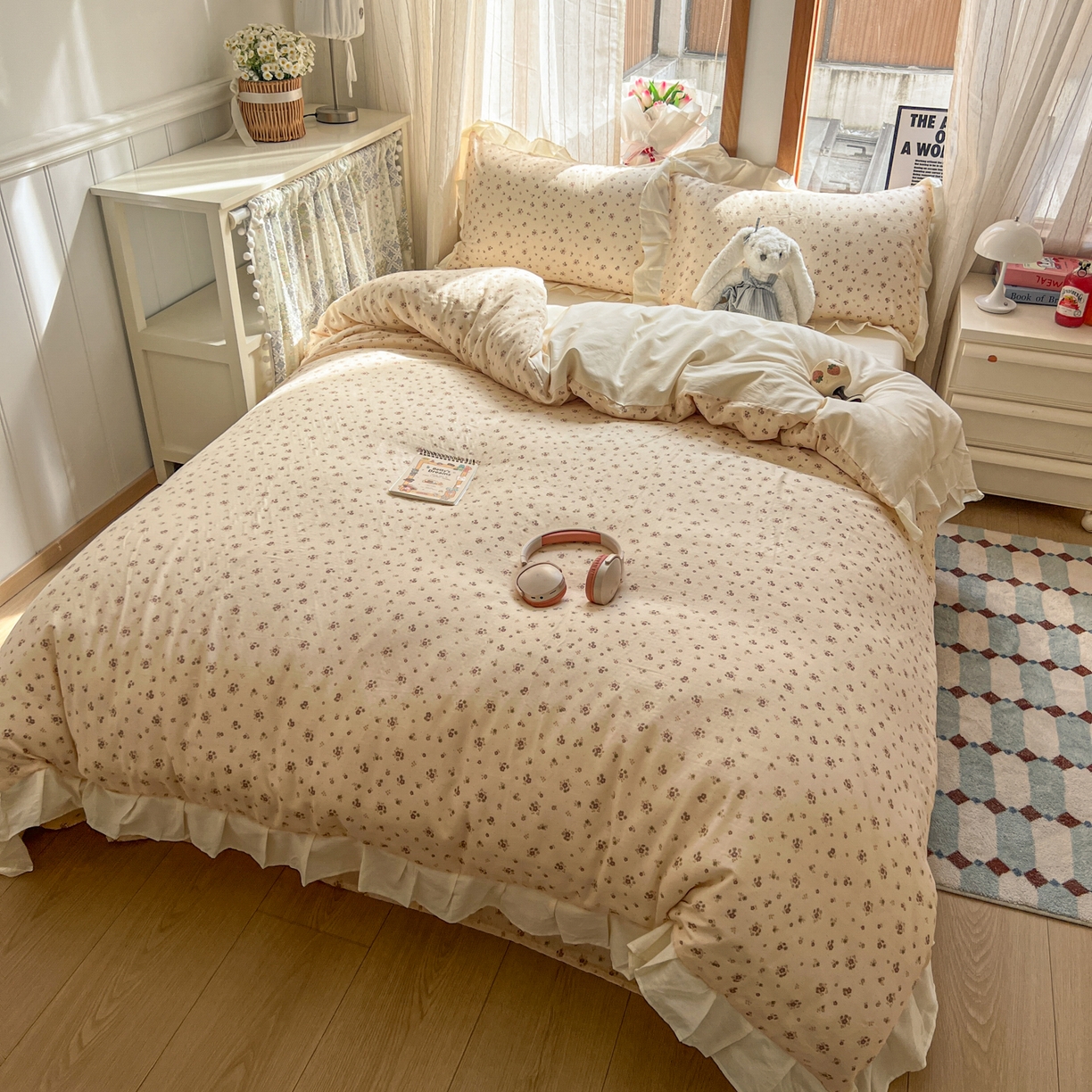 91家纺网 家纺一手货源 找家纺 耀悦家纺 2026新款全棉纯棉双层纱花边四件套a类新中式小清新床笠枕套被套 暖棠花信