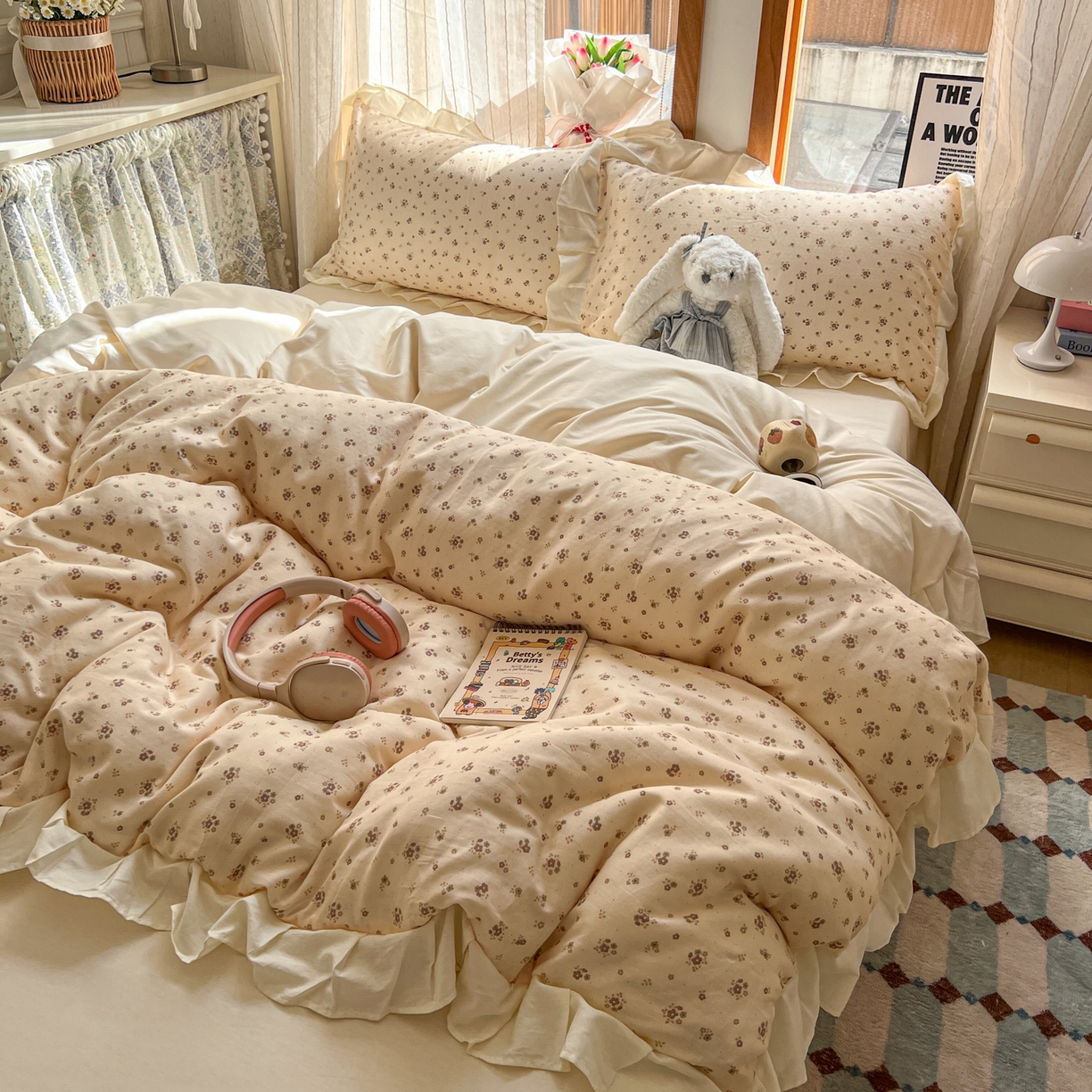 91家纺网 家纺一手货源 找家纺 耀悦家纺 2026新款全棉纯棉双层纱花边四件套a类新中式小清新床笠枕套被套 暖棠花信