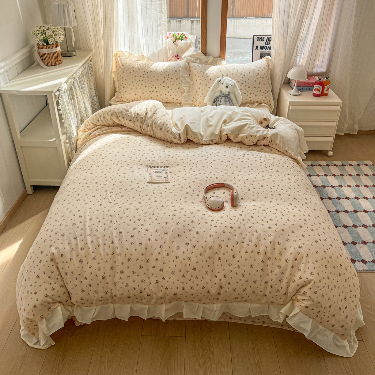 91家纺网 家纺一手货源 找家纺 耀悦家纺 2026新款全棉纯棉双层纱花边四件套a类新中式小清新床笠枕套被套 暖棠花信