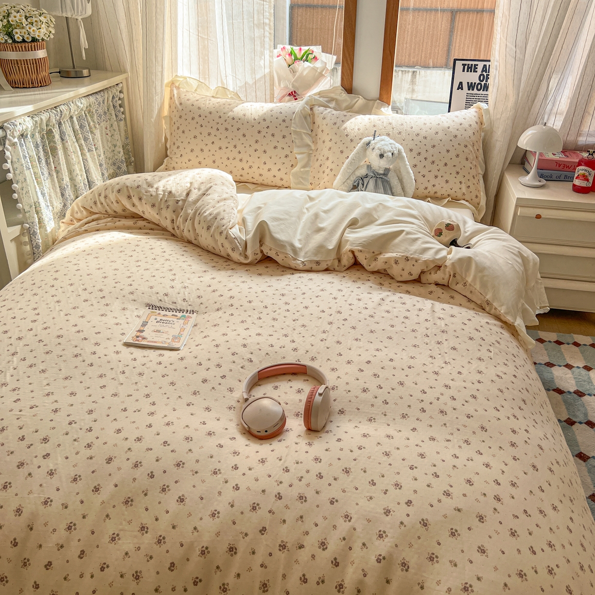 91家纺网 家纺一手货源 找家纺 耀悦家纺 2026新款全棉纯棉双层纱花边四件套a类新中式小清新床笠枕套被套 暖棠花信