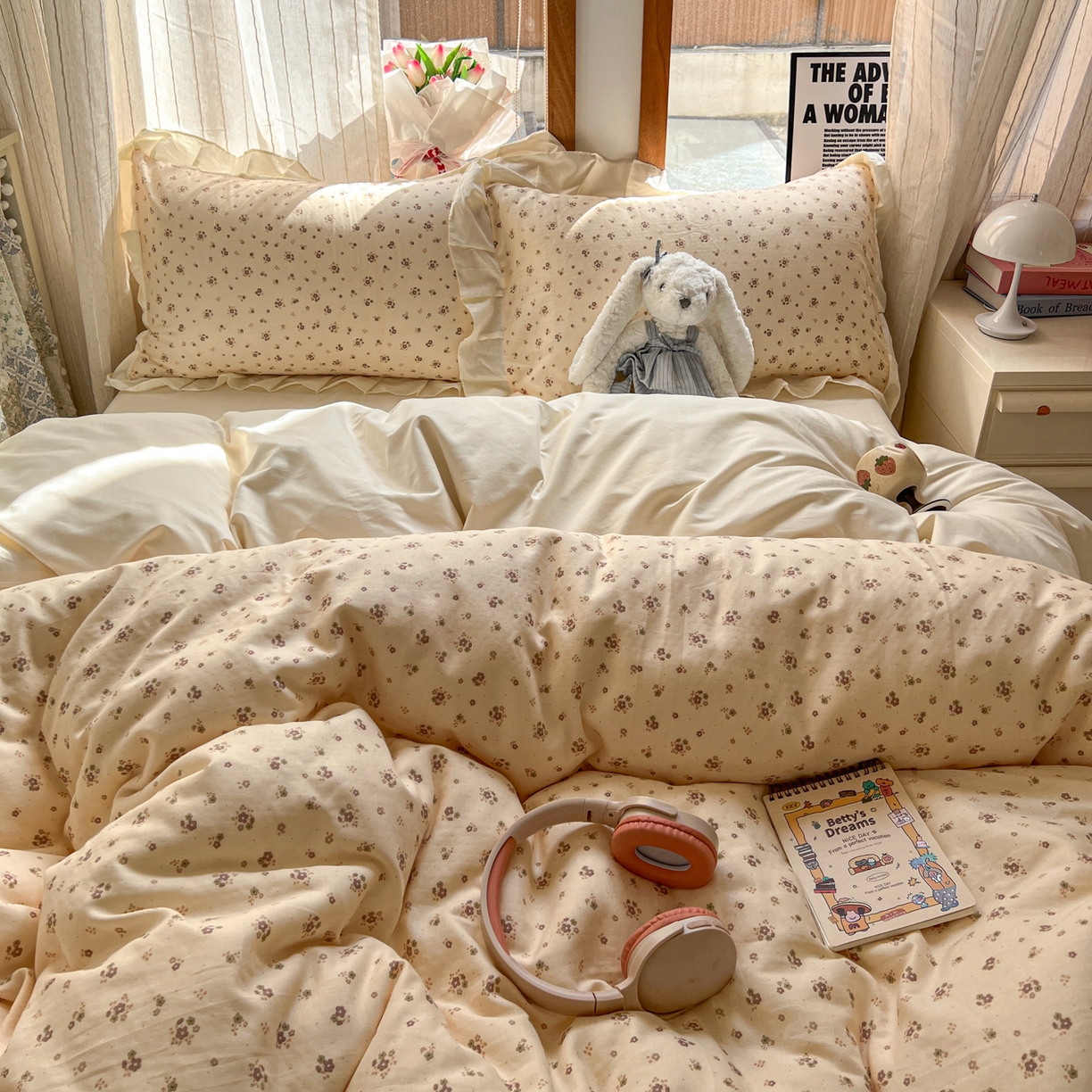 91家纺网 家纺一手货源 找家纺 耀悦家纺 2026新款全棉纯棉双层纱花边四件套a类新中式小清新床笠枕套被套 暖棠花信