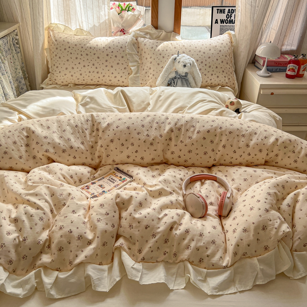 91家纺网 家纺一手货源 找家纺 耀悦家纺 2026新款全棉纯棉双层纱花边四件套a类新中式小清新床笠枕套被套 暖棠花信