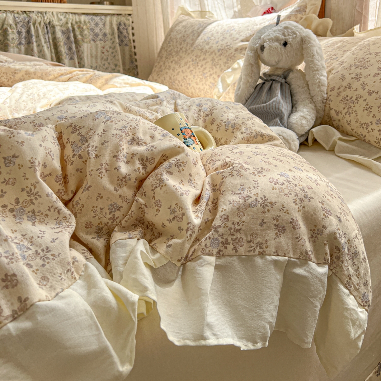 耀悦家纺 2026新款全棉纯棉双层纱花边四件套a类新中式小清新床笠枕套被套 浅夏紫鸢