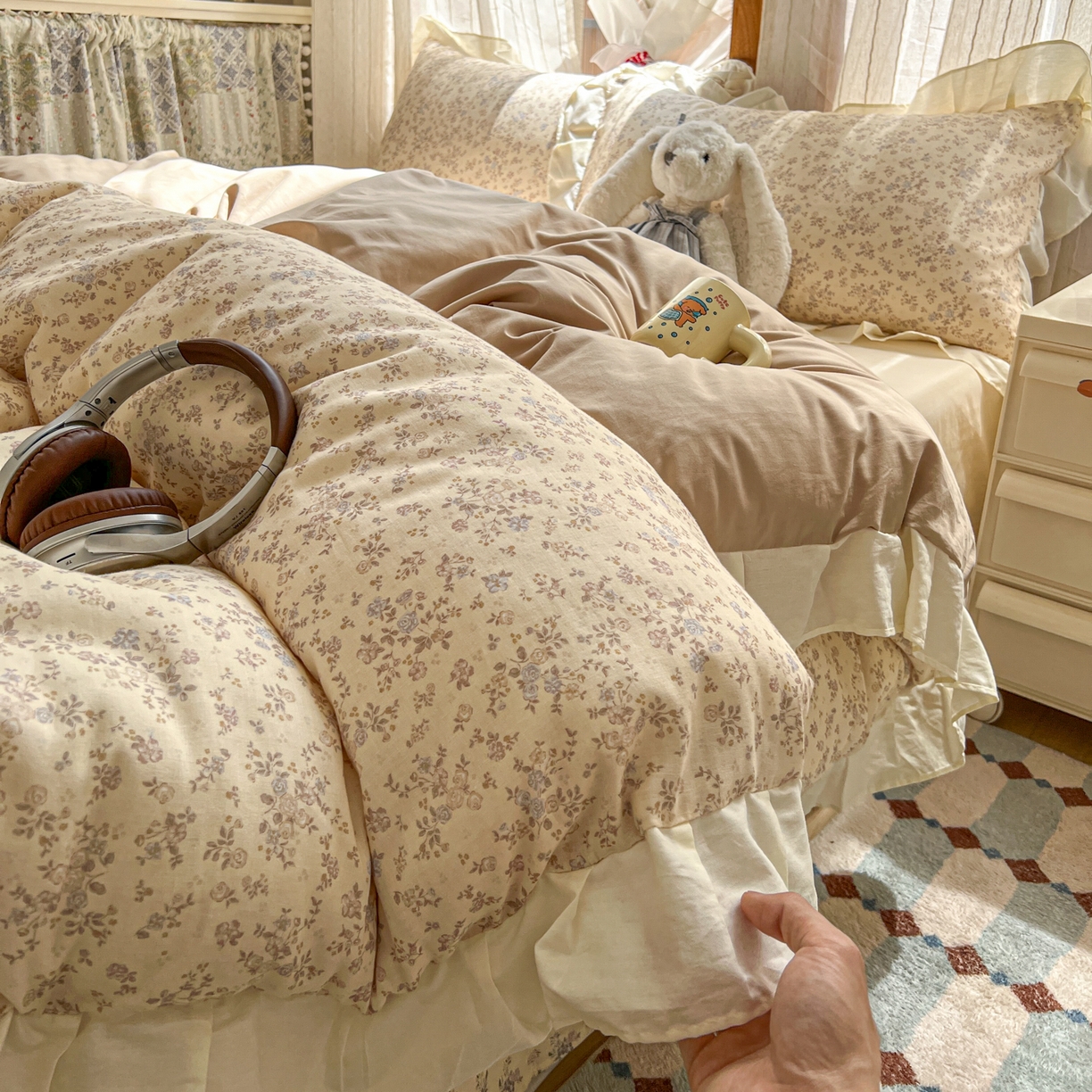 91家纺网 家纺一手货源 找家纺 耀悦家纺 2026新款全棉纯棉双层纱花边四件套a类新中式小清新床笠枕套被套 浅夏紫鸢