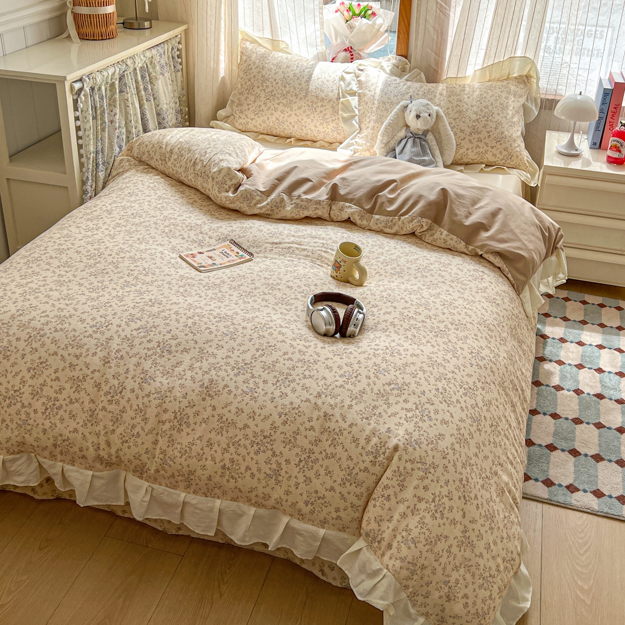 91家纺网 家纺一手货源 找家纺 耀悦家纺 2026新款全棉纯棉双层纱花边四件套a类新中式小清新床笠枕套被套 浅夏紫鸢