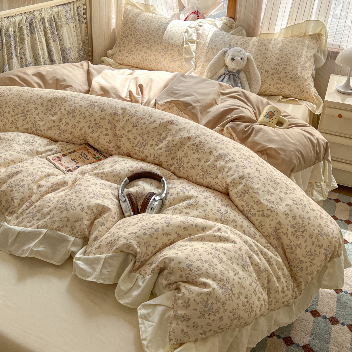 91家纺网 家纺一手货源 找家纺 耀悦家纺 2026新款全棉纯棉双层纱花边四件套a类新中式小清新床笠枕套被套 浅夏紫鸢