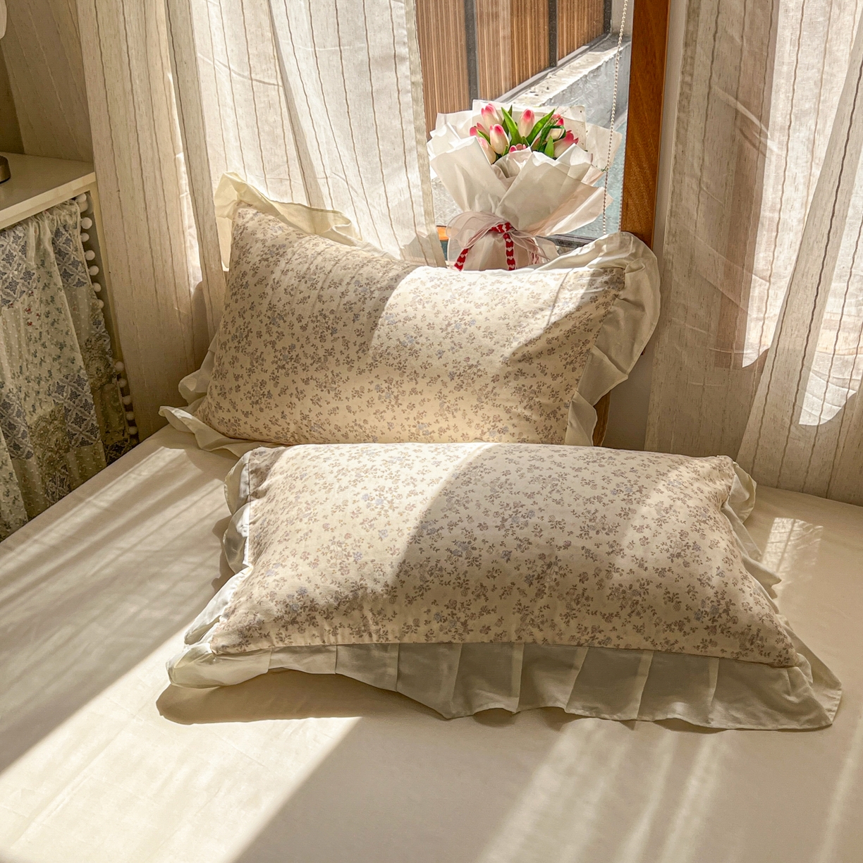 91家纺网 家纺一手货源 找家纺 耀悦家纺 2026新款全棉纯棉双层纱花边四件套a类新中式小清新床笠枕套被套 浅夏紫鸢