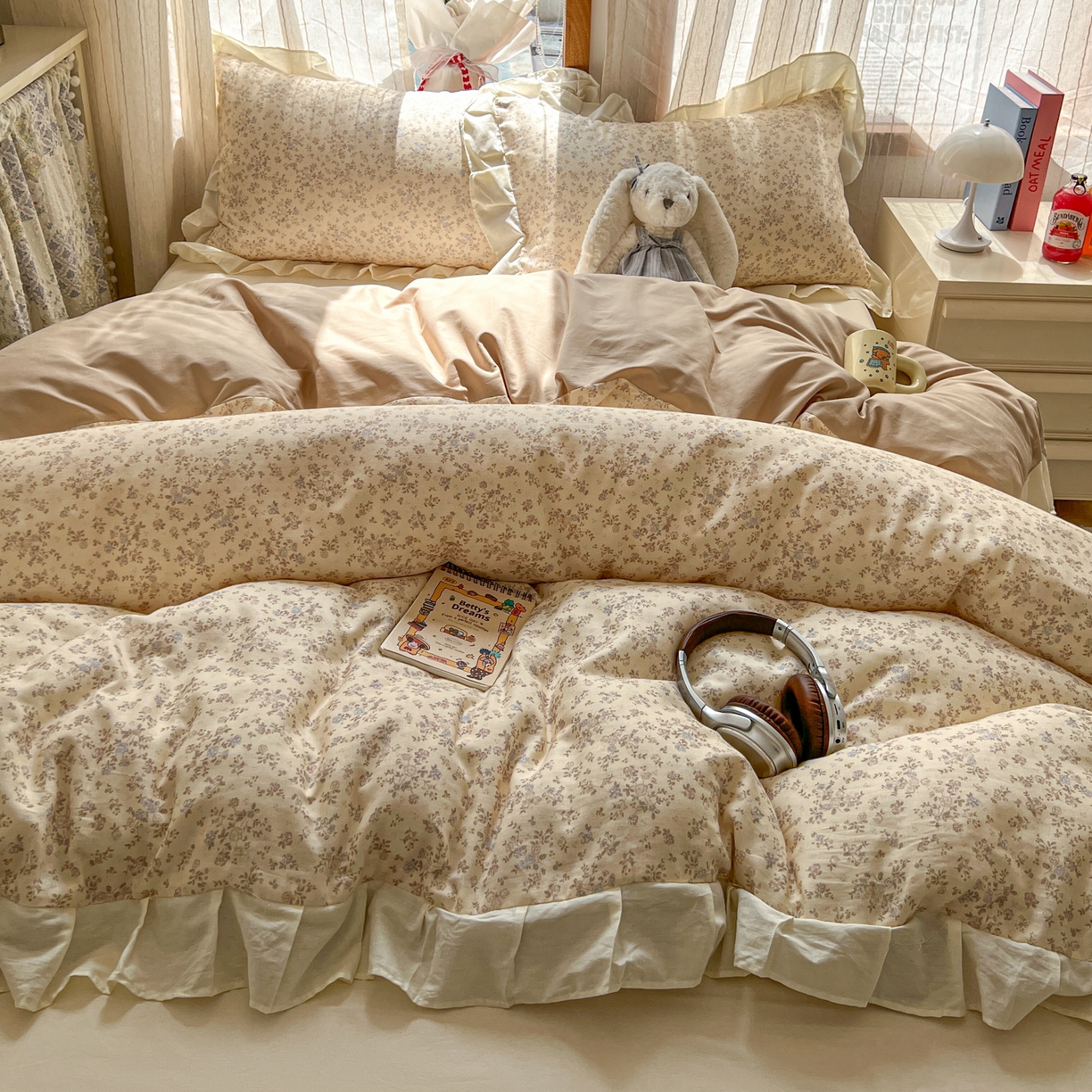 91家纺网 家纺一手货源 找家纺 耀悦家纺 2026新款全棉纯棉双层纱花边四件套a类新中式小清新床笠枕套被套 浅夏紫鸢