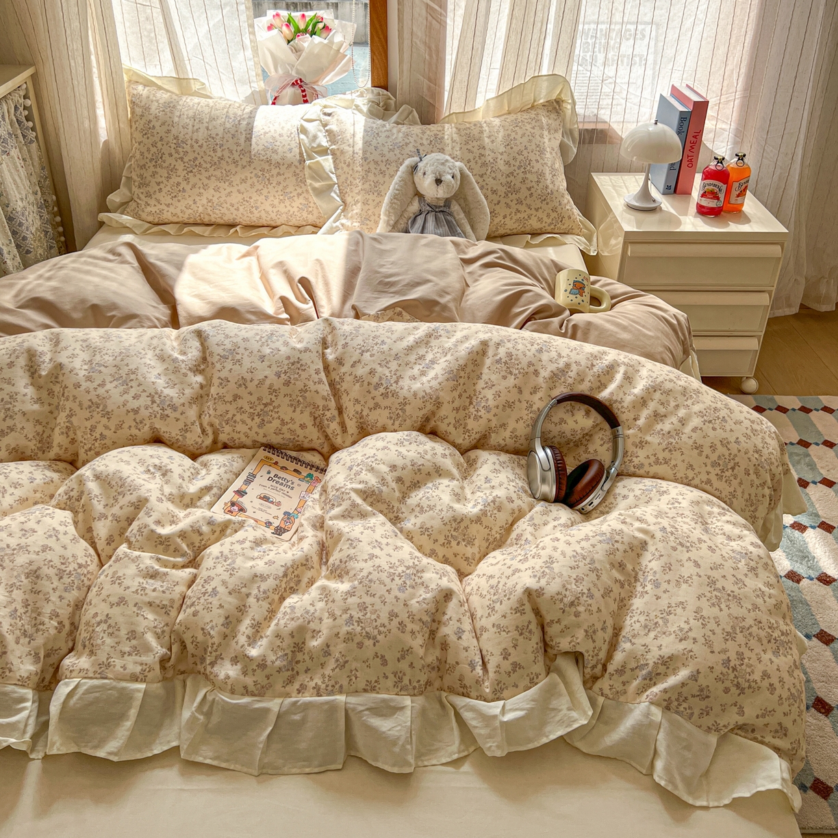 91家纺网 家纺一手货源 找家纺 耀悦家纺 2026新款全棉纯棉双层纱花边四件套a类新中式小清新床笠枕套被套 浅夏紫鸢