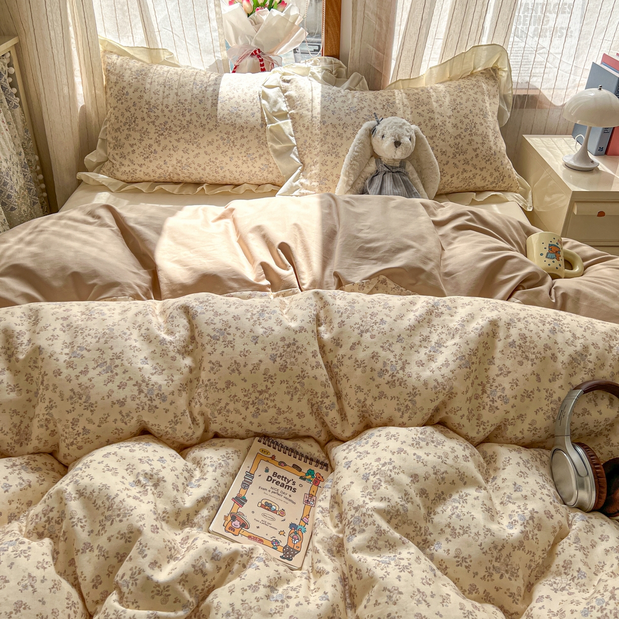 91家纺网 家纺一手货源 找家纺 耀悦家纺 2026新款全棉纯棉双层纱花边四件套a类新中式小清新床笠枕套被套 浅夏紫鸢