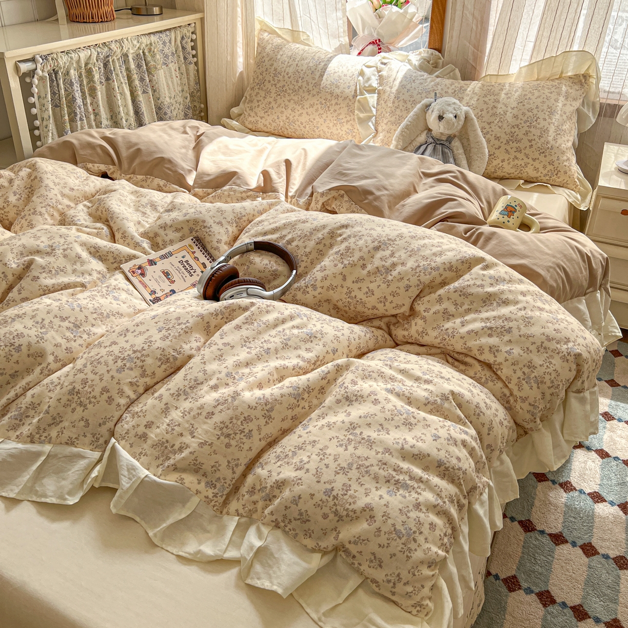 91家纺网 家纺一手货源 找家纺 耀悦家纺 2026新款全棉纯棉双层纱花边四件套a类新中式小清新床笠枕套被套 浅夏紫鸢