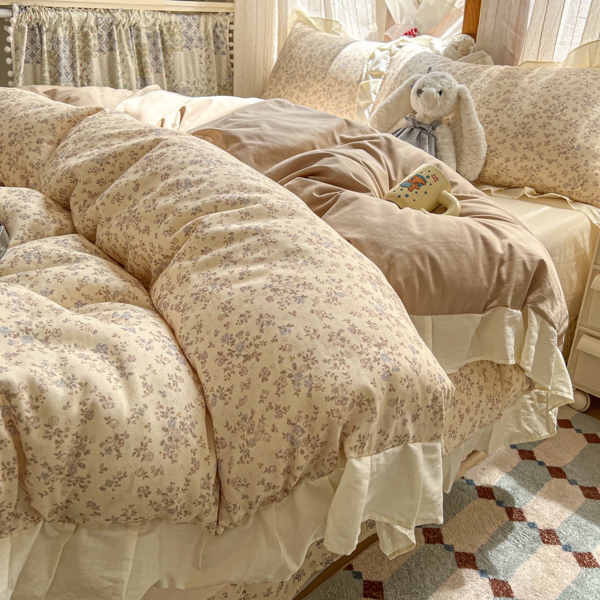 91家纺网 家纺一手货源 找家纺 耀悦家纺 2026新款全棉纯棉双层纱花边四件套a类新中式小清新床笠枕套被套 浅夏紫鸢