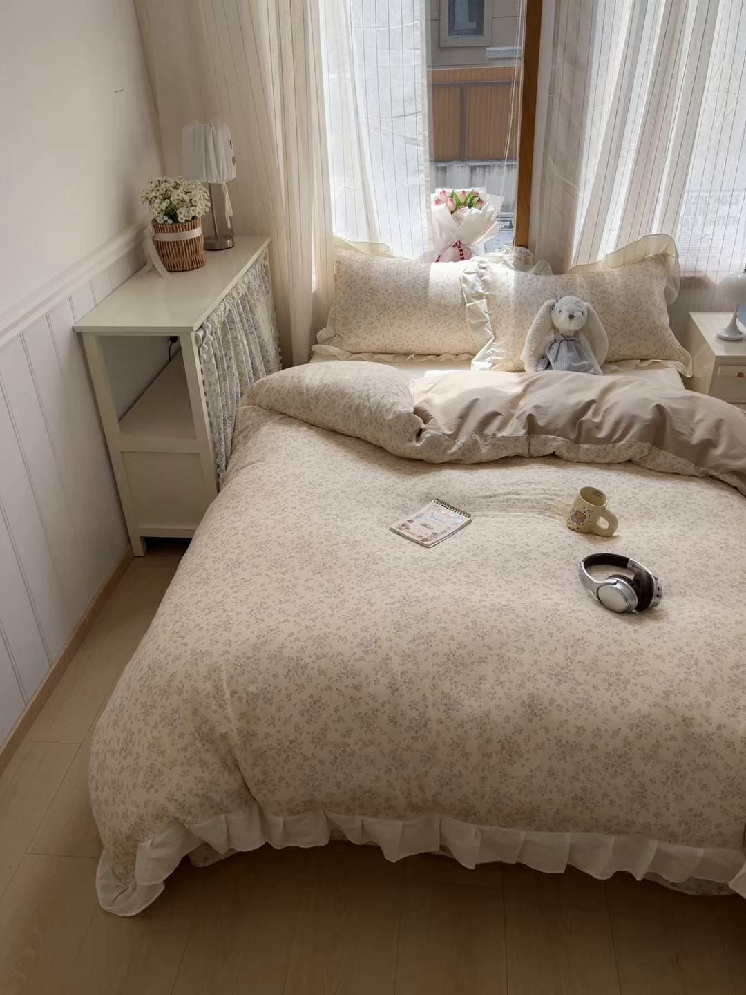 91家纺网 家纺一手货源 找家纺 耀悦家纺 2026新款全棉纯棉双层纱花边四件套a类新中式小清新床笠枕套被套 浅夏紫鸢