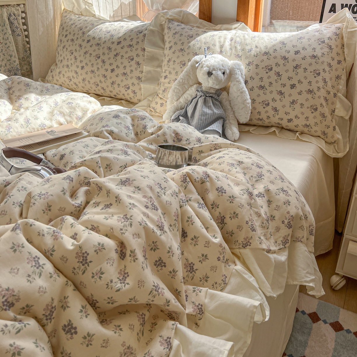 91家纺网 家纺一手货源 找家纺 耀悦家纺 2026新款全棉纯棉双层纱花边四件套a类新中式小清新床笠枕套被套 柔紫漫序