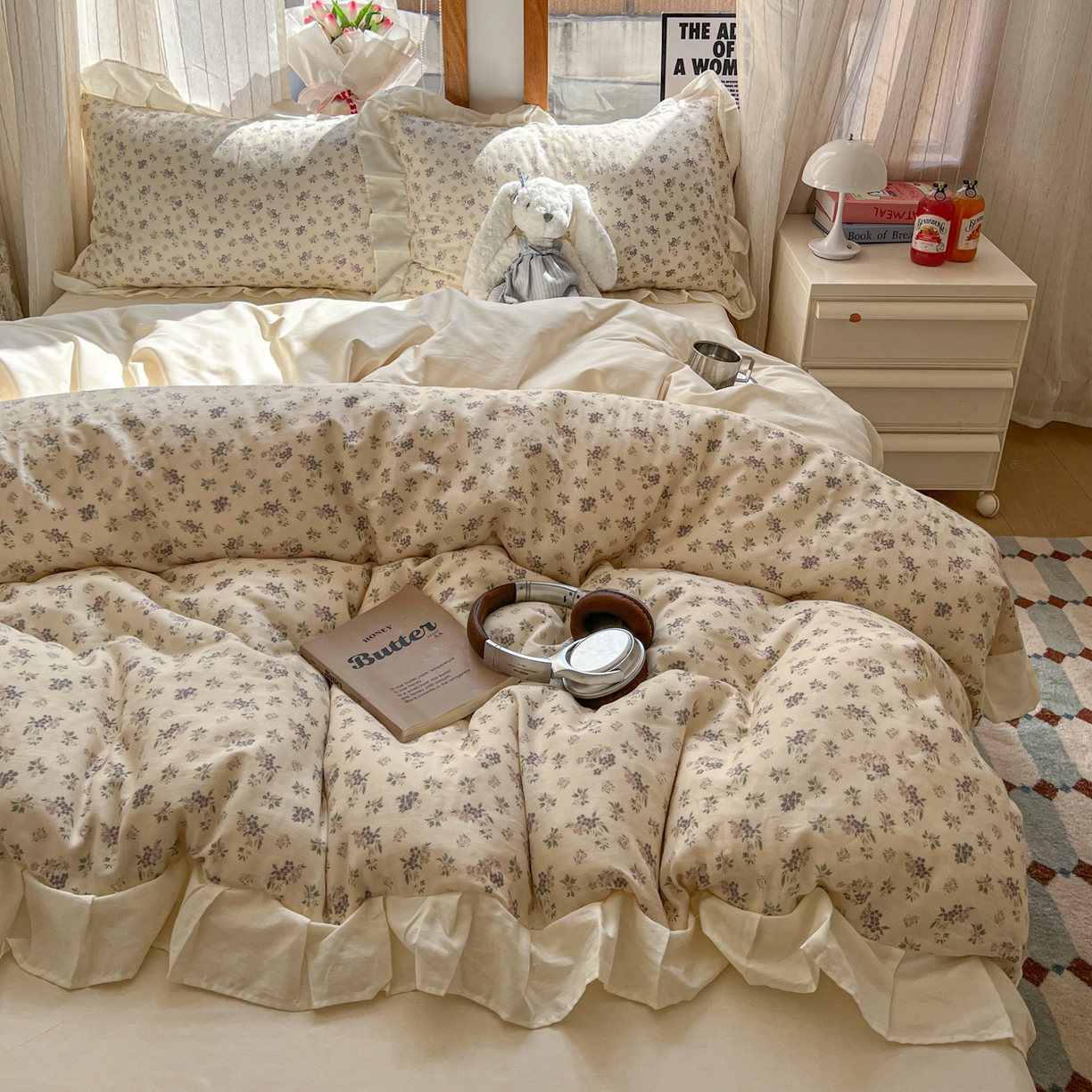 91家纺网 家纺一手货源 找家纺 耀悦家纺 2026新款全棉纯棉双层纱花边四件套a类新中式小清新床笠枕套被套 柔紫漫序