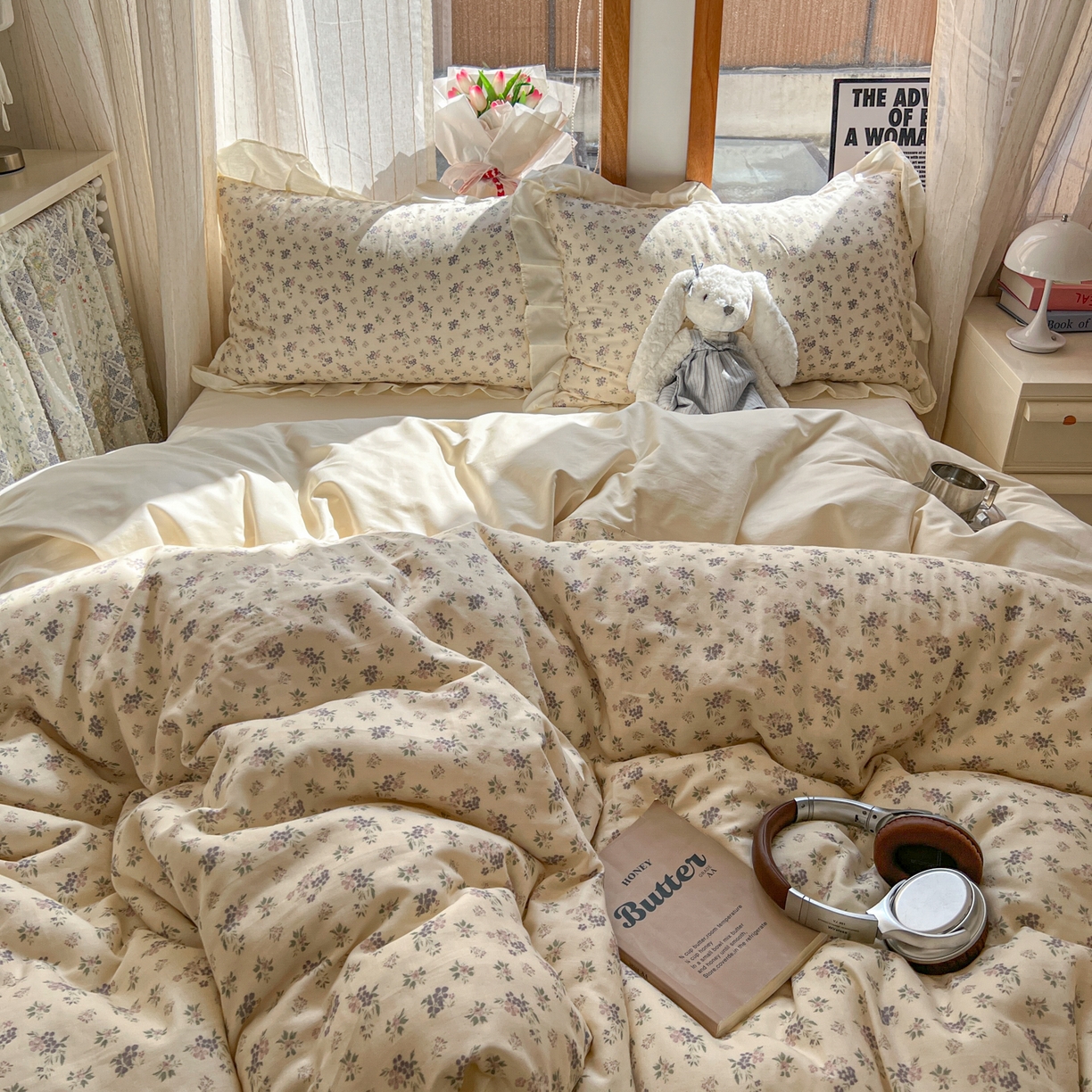 91家纺网 家纺一手货源 找家纺 耀悦家纺 2026新款全棉纯棉双层纱花边四件套a类新中式小清新床笠枕套被套 柔紫漫序