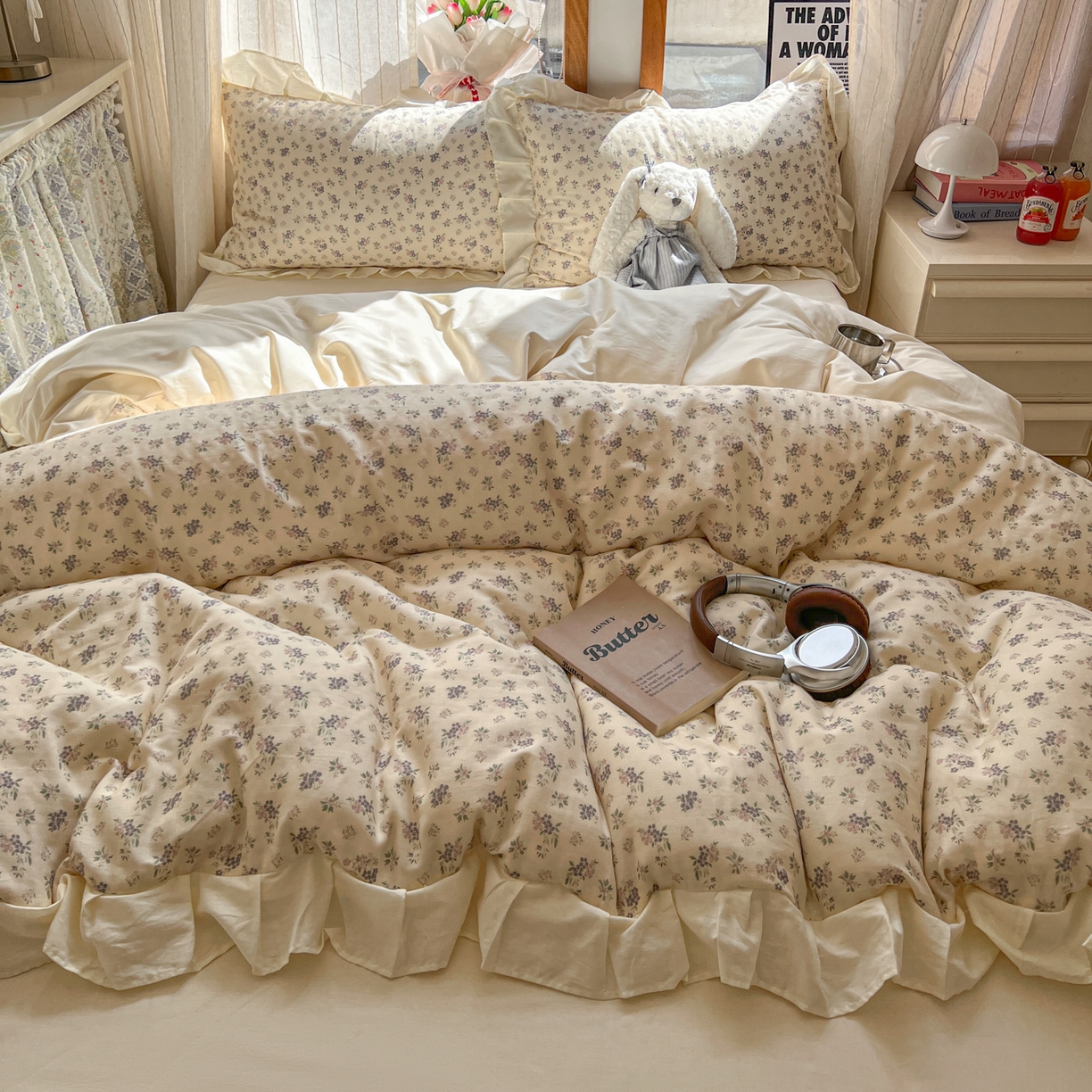 91家纺网 家纺一手货源 找家纺 耀悦家纺 2026新款全棉纯棉双层纱花边四件套a类新中式小清新床笠枕套被套 柔紫漫序