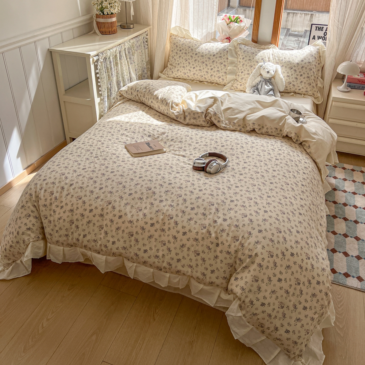 91家纺网 家纺一手货源 找家纺 耀悦家纺 2026新款全棉纯棉双层纱花边四件套a类新中式小清新床笠枕套被套 柔紫漫序