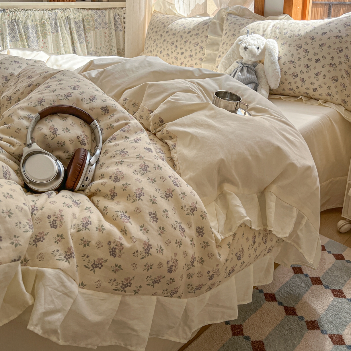 91家纺网 家纺一手货源 找家纺 耀悦家纺 2026新款全棉纯棉双层纱花边四件套a类新中式小清新床笠枕套被套 柔紫漫序