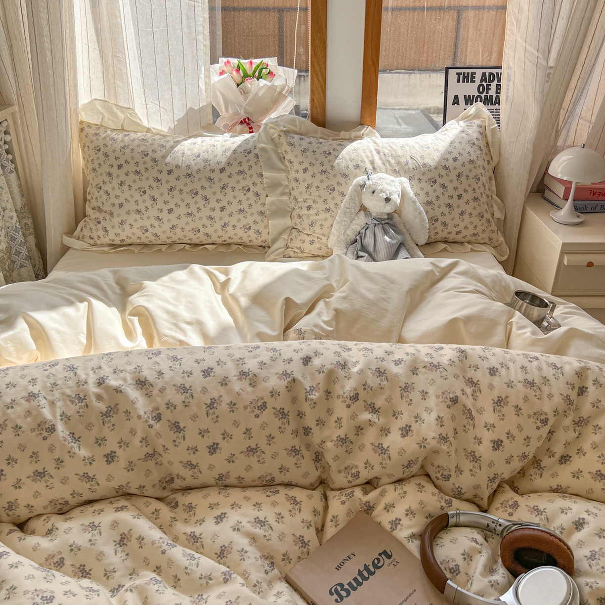 91家纺网 家纺一手货源 找家纺 耀悦家纺 2026新款全棉纯棉双层纱花边四件套a类新中式小清新床笠枕套被套 柔紫漫序