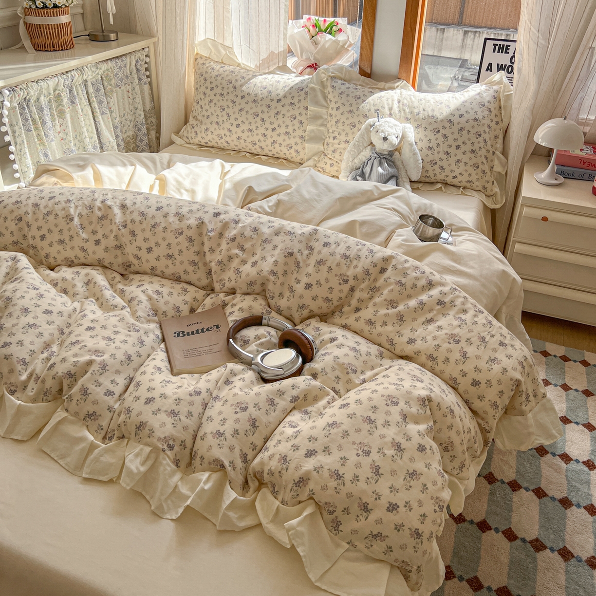 91家纺网 家纺一手货源 找家纺 耀悦家纺 2026新款全棉纯棉双层纱花边四件套a类新中式小清新床笠枕套被套 柔紫漫序