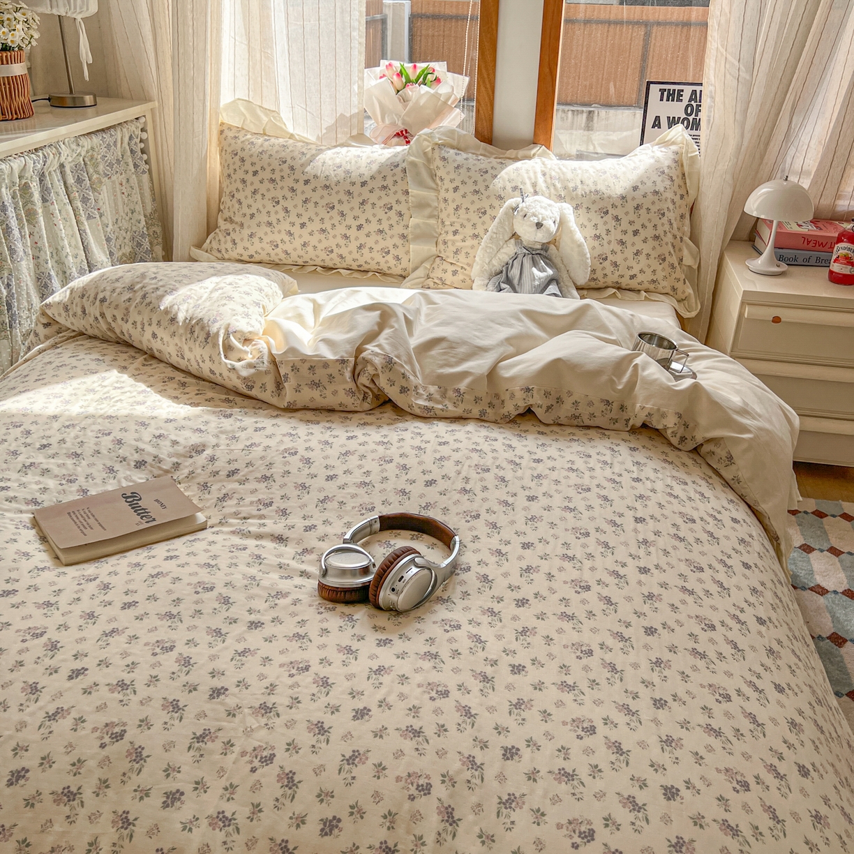 91家纺网 家纺一手货源 找家纺 耀悦家纺 2026新款全棉纯棉双层纱花边四件套a类新中式小清新床笠枕套被套 柔紫漫序