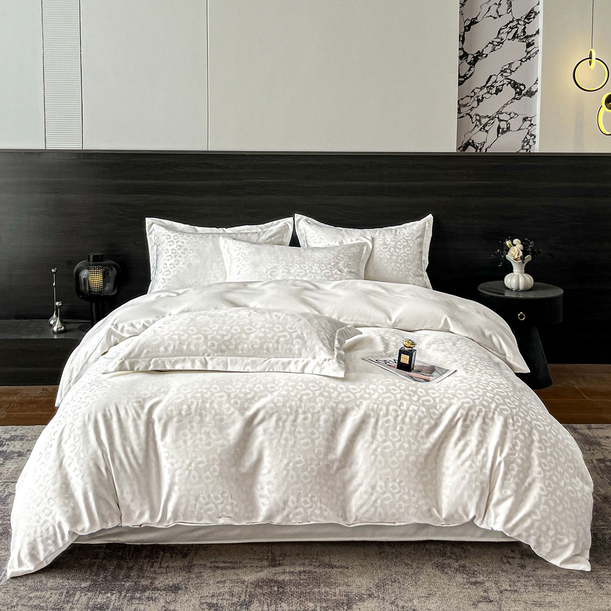 91家纺网 家纺一手货源 找家纺 你好美丽 2026新款豹纹水洗真丝提花简约暗合四件套 豹纹·白