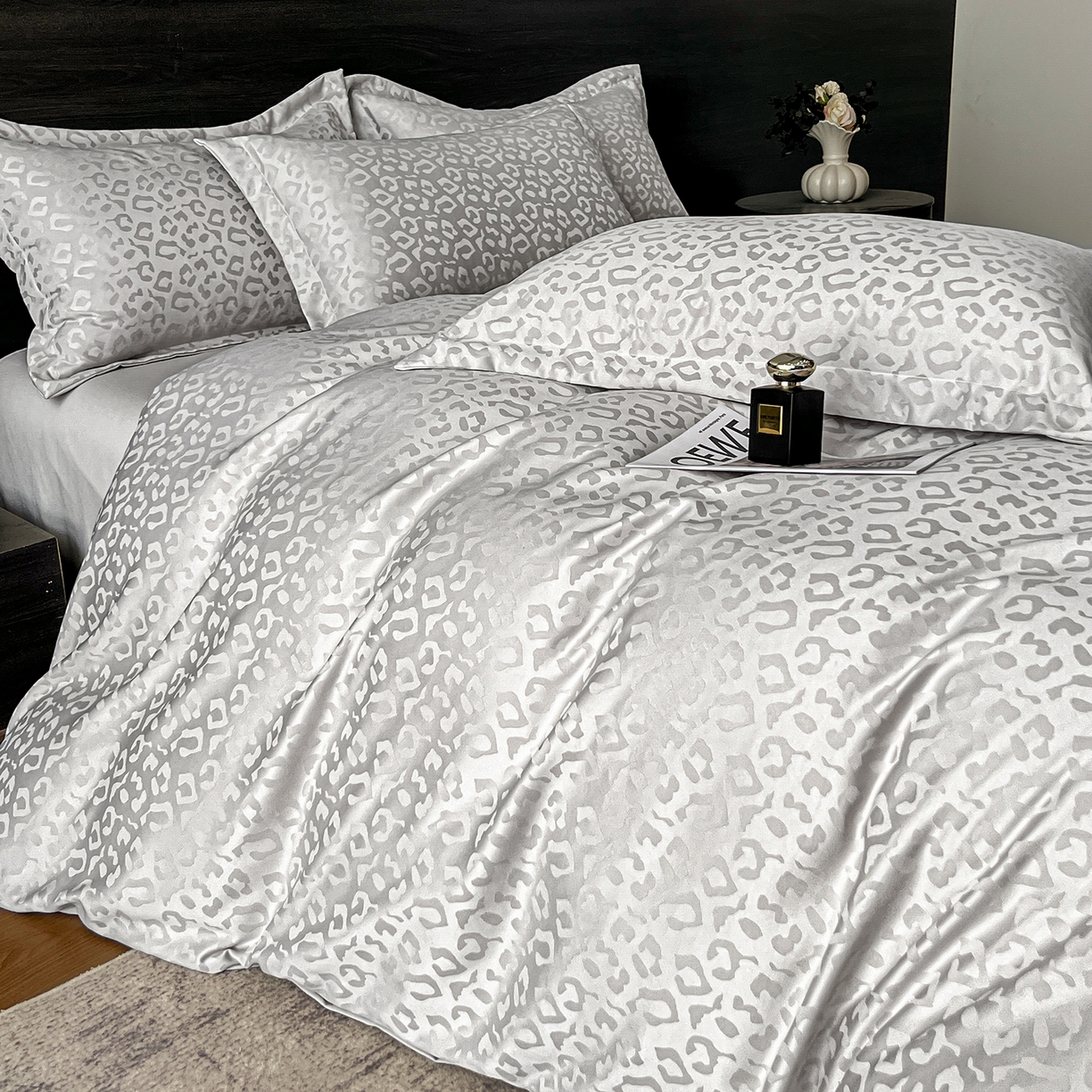 你好美丽 2026新款豹纹水洗真丝提花简约暗合四件套 豹纹·灰