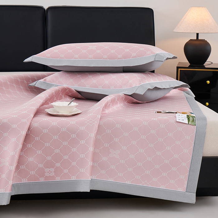 91家纺网 家纺一手货源 找家纺 小牛席业 2026春夏新款轻奢菱格提花冰丝席凉席席子空调软席 粉色