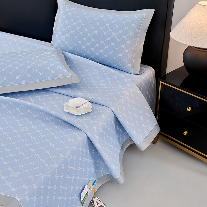 91家纺网 家纺一手货源 找家纺 小牛席业 2026春夏新款轻奢菱格提花冰丝席凉席席子空调软席 蓝色