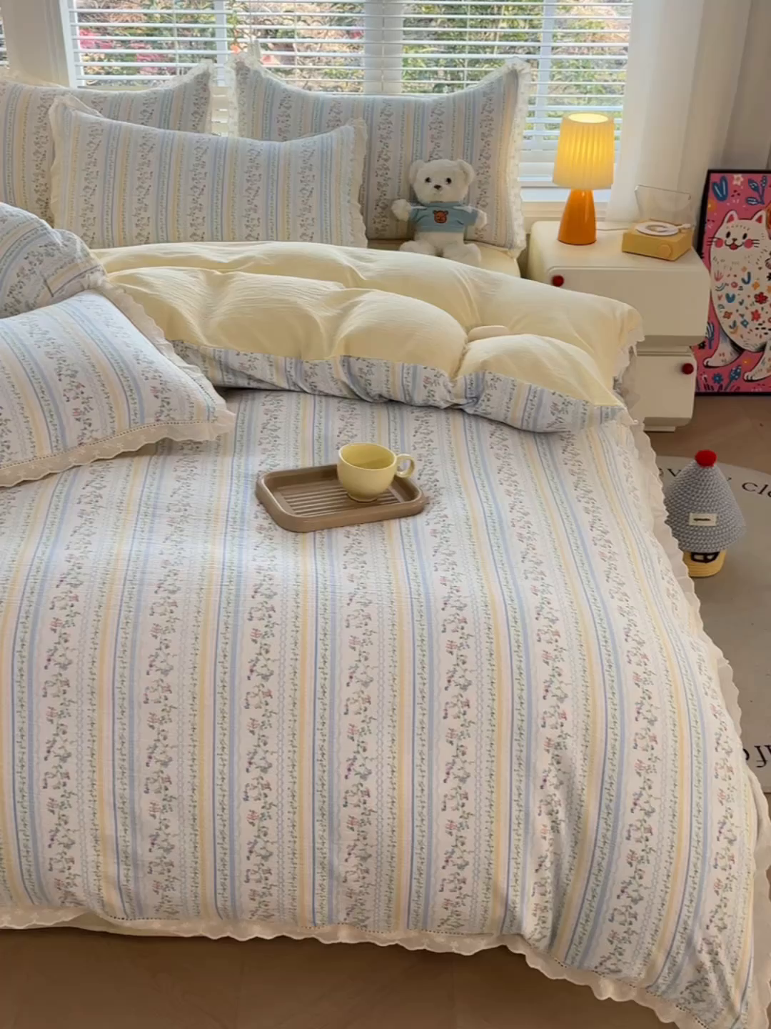 91家纺网 家纺一手货源 找家纺 （总）钰锦珀家纺 2026春夏新款云感皱皱纱镂空花边三件套四件套