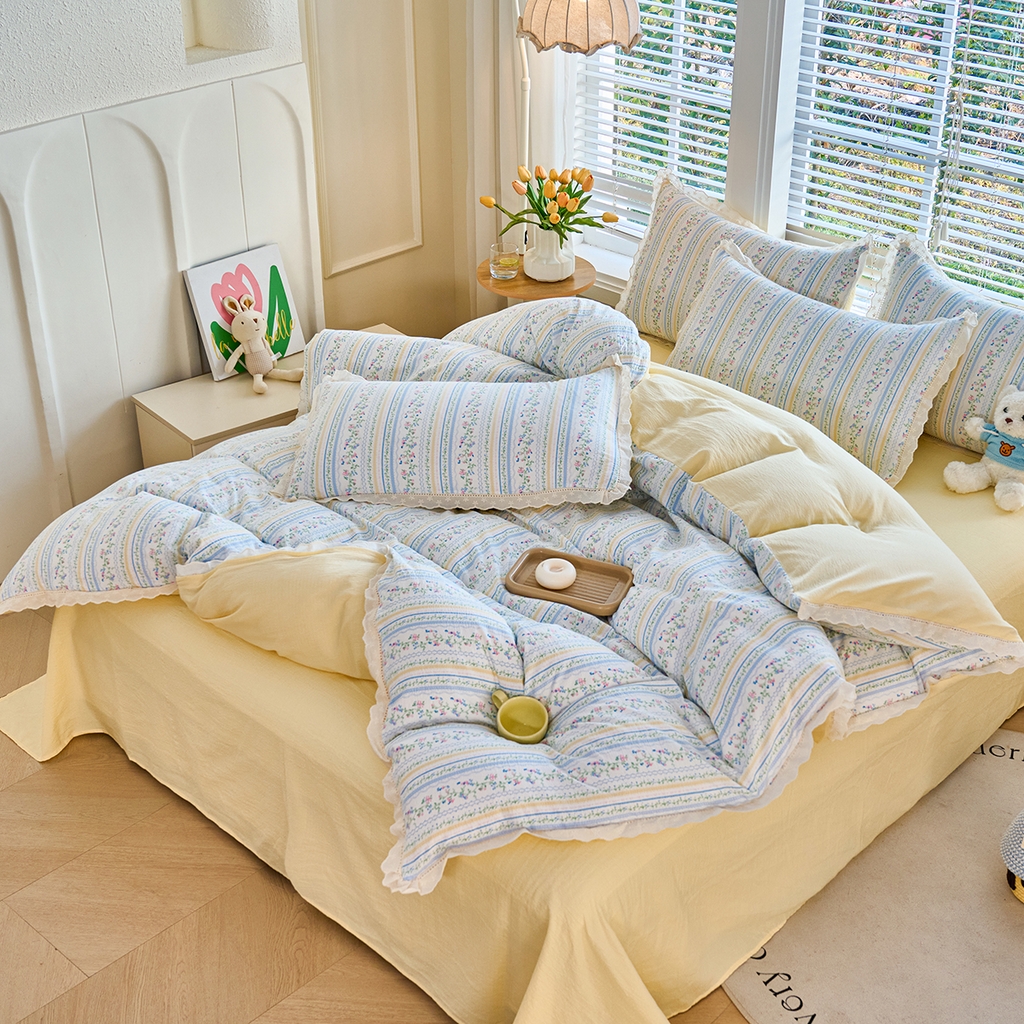 91家纺网 家纺一手货源 找家纺 （总）钰锦珀家纺 2026春夏新款云感皱皱纱镂空花边三件套四件套