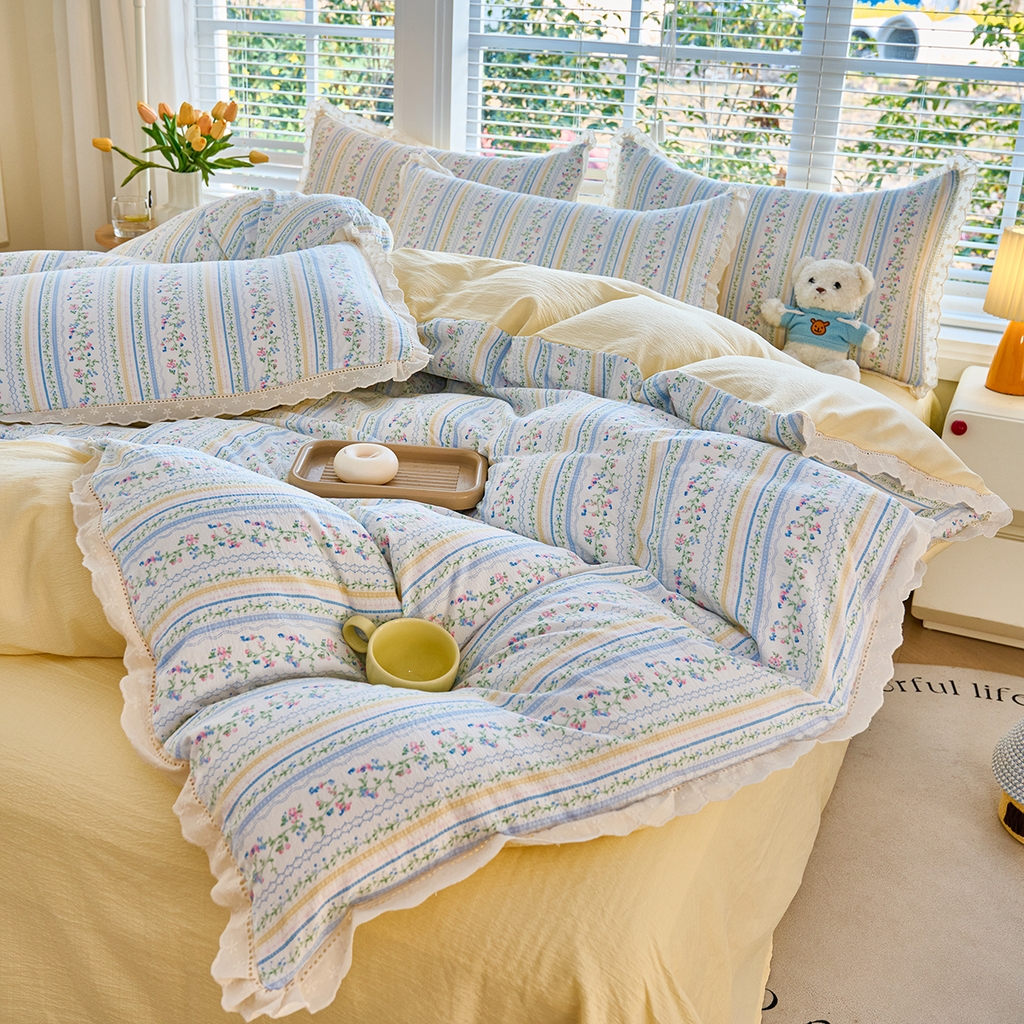 91家纺网 家纺一手货源 找家纺 （总）钰锦珀家纺 2026春夏新款云感皱皱纱镂空花边三件套四件套