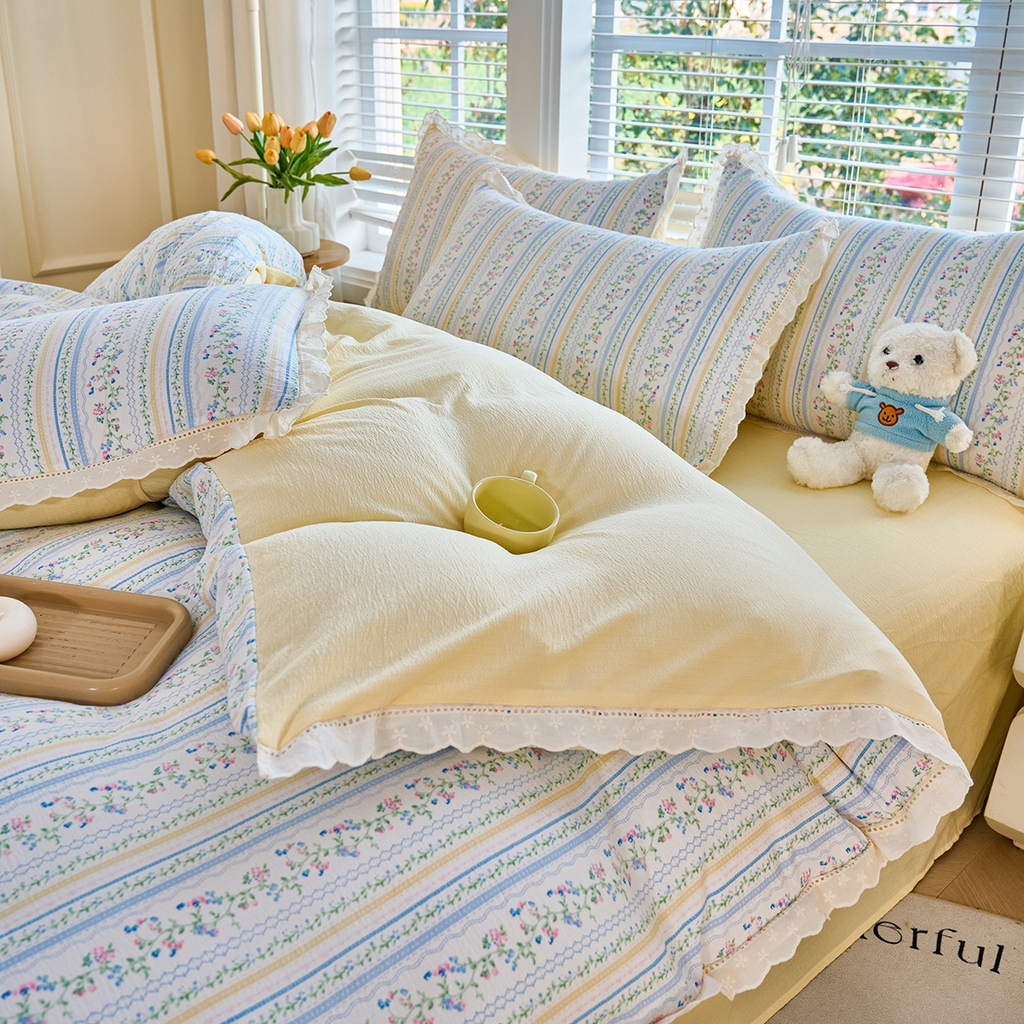 91家纺网 家纺一手货源 找家纺 （总）钰锦珀家纺 2026春夏新款云感皱皱纱镂空花边三件套四件套