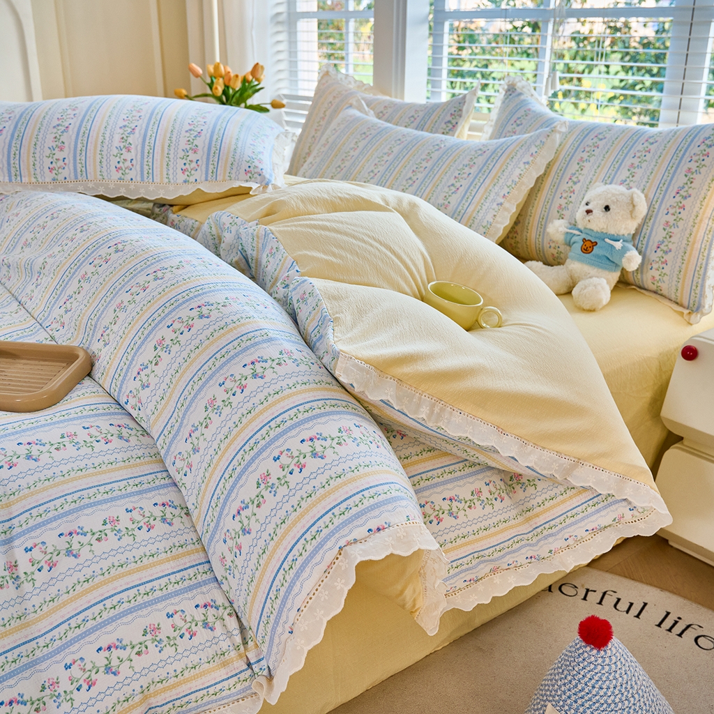 91家纺网 家纺一手货源 找家纺 （总）钰锦珀家纺 2026春夏新款云感皱皱纱镂空花边三件套四件套