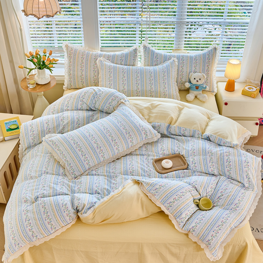 91家纺网 家纺一手货源 找家纺 （总）钰锦珀家纺 2026春夏新款云感皱皱纱镂空花边三件套四件套